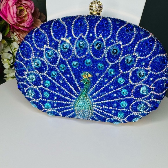 SHADES OF ROYAL BLUE CRYSTALS & PEACOCK CLUTCH BAG - Picture 4 of 10